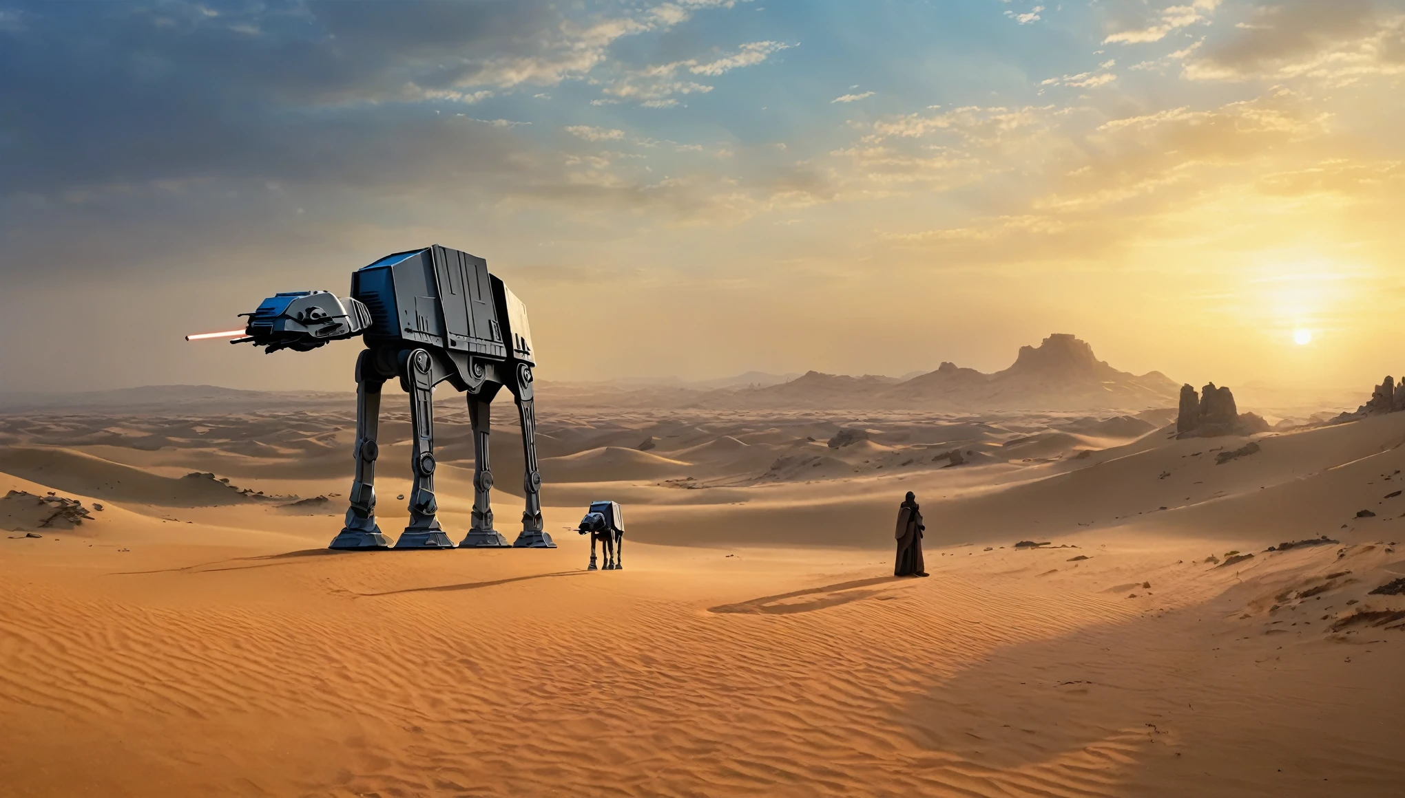 View a vast desert landscape bathed in golden twilight, evoking the iconic Star Wars look. No centro da cena, a Jedi in a flowing cape stands silhouetted against the orange sky, your glowing blue lightsaber in your hand, pronto para enfrentar qualquer desafio. The ruins of an ancient civilization rise majestically in the background, and the remains of a fallen AT-AT adorn the landscape. The atmosphere is charged with expectation, as if an epic battle was about to begin.hyper realistic composition,32k resolution,cinematic composition,cinematic color grading.photography whit Phaseone 85mm,depth of field.