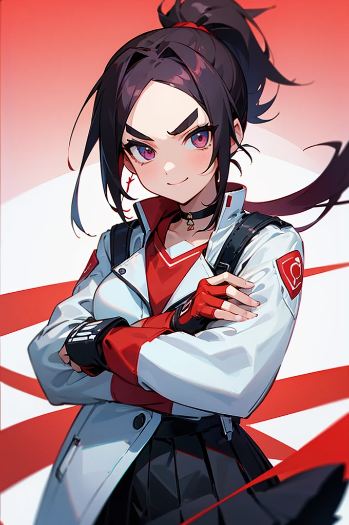 (best quality:1.2),solo,1girl,mdrin,smile,looking at viewer,crossed arms,ponytail,v-shaped eyebrows,white jacket,red shirt,fingerless gloves,black skirt,choker