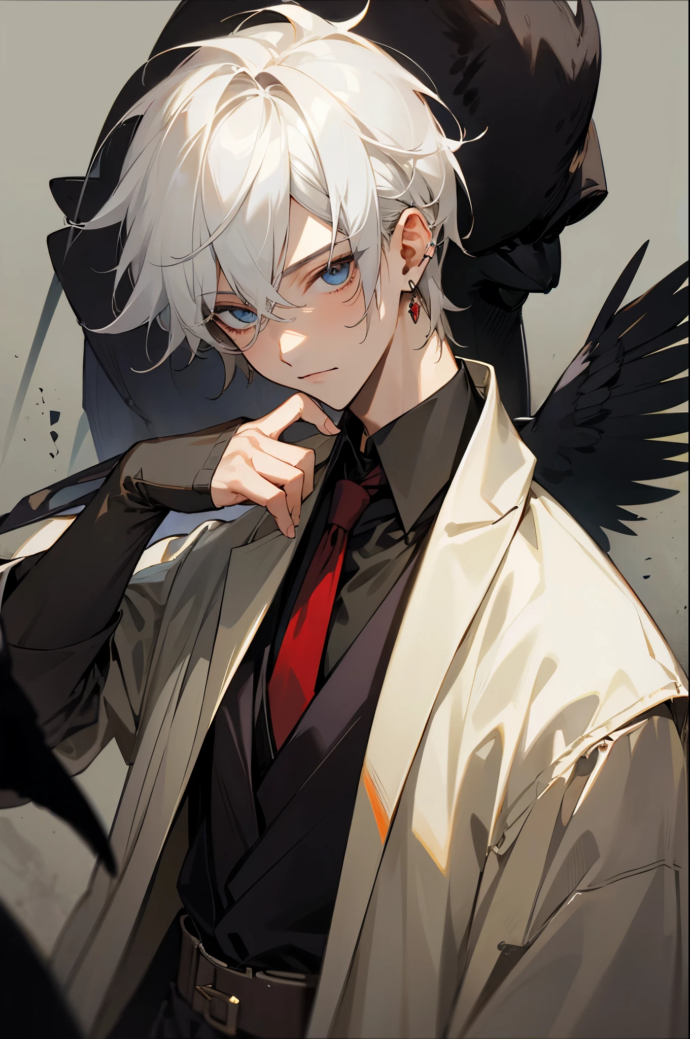 masterpiece,best quality,1boy,jewelry,male focus,looking at viewer,solo,upper body,white hair,crow,