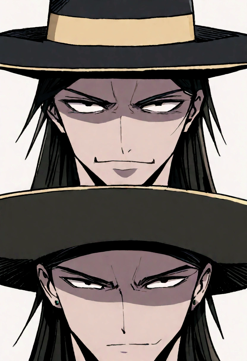 Un ser con piel y cara completamente oscura que asemeja un hombre con un smokin un sombrero de copa y un monoculo