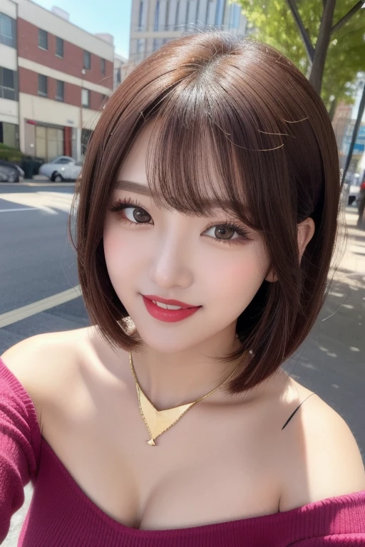 1 girl, 19 years old, south korean, 4k, masterpiece, frekles under eyes, short whavy brown hair, bob haircut, pink eyes, red lips, red eyeliners, massively large breast, off shoulder pink top, discovered breast, tattoo in the neck, gold necklase, tilted head, happy, big smile, perfect teeth, selfie, close shot, birds eye view, detailed face, facing camera.