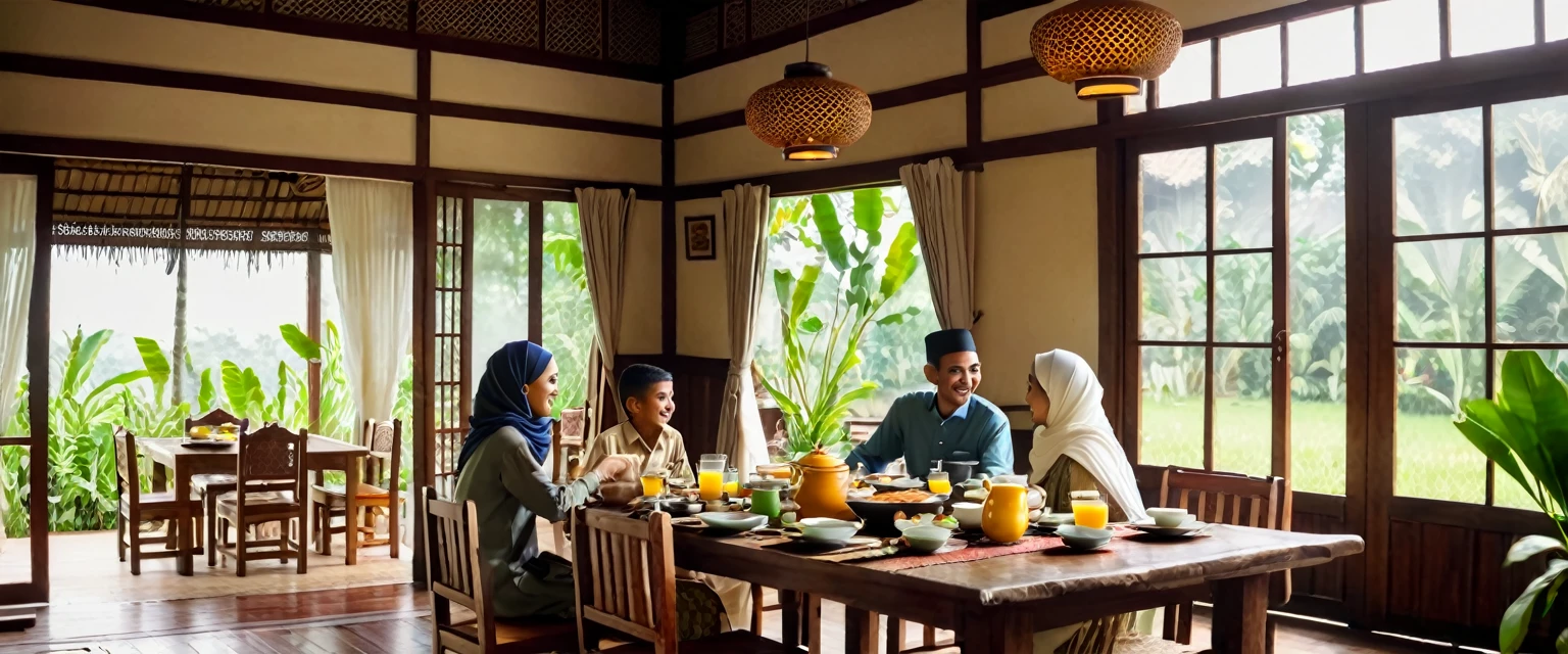 In the dining room, a Muslim family is having breakfast together, consisting of a father aged 43 years, 1 son 20 years old, 1 daughter 15 years old. background is cozy traditional Indonesian kitchen. The setting is filled with utensils and traditional decor. The bright morning sunlight streams through the window, illuminating the entire kitchen. To the left, there is a dining table with traditional Indonesian elements. The overall atmosphere is warm and inviting, with a rustic charm and cozy feel. The camera angle is wide and distant, capturing the entire scene clearly. (idealistic, cinematic, 8K, details)