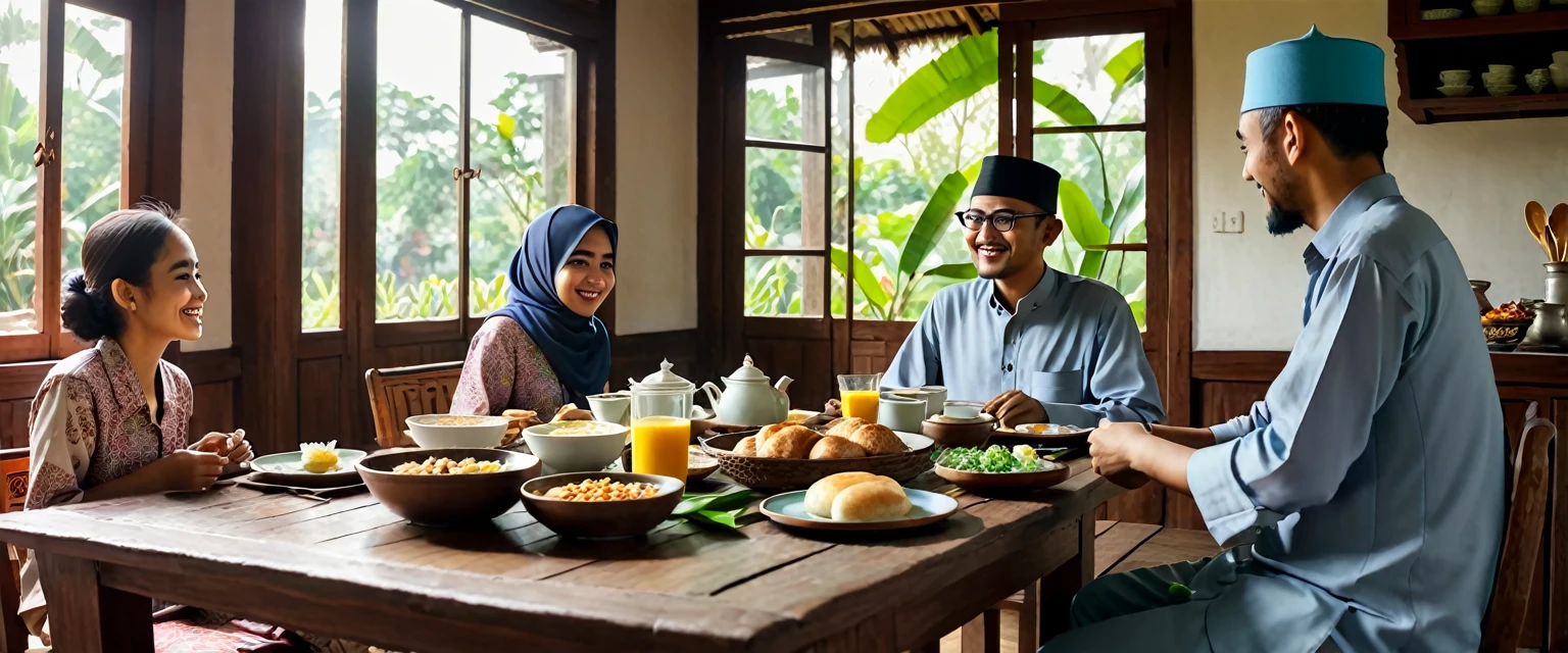 In the dining room, a Muslim family is having breakfast together, consisting of a father aged 43 years, 1 son 20 years old, 1 daughter 15 years old. background is cozy traditional Indonesian kitchen. The setting is filled with utensils and traditional decor. The bright morning sunlight streams through the window, illuminating the entire kitchen. To the left, there is a dining table with traditional Indonesian elements. The overall atmosphere is warm and inviting, with a rustic charm and cozy feel. The camera angle is wide and distant, capturing the entire scene clearly. (idealistic, cinematic, 8K, details)