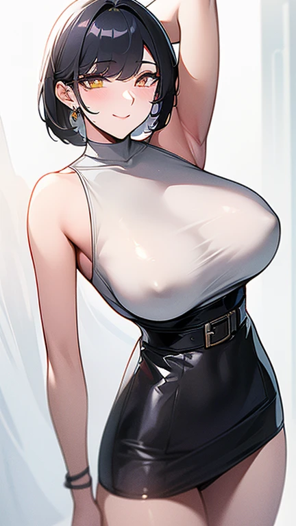 masterpiece, Highest quality:1.2),8k, 4K High Resolution, Super detailed, High-quality texture,High detail, High Quality Shadows, Beautiful and delicate face down to the last detail, Beautiful and delicate eyes、One Woman, alone,Shiny skin、Very large breasts、Very thick legs、Are standing、Composition from the front、smile、Look forward、Gray Hair、Stand up straight,Looking into the camera、Draw a face、Golden eyes、short hair、Depth of written boundary、Shiny black tight skirt、Sleeveless summer knitwear、Put a belt around your waist、Show your armpits、Unbuttoning clothes、Black clothes