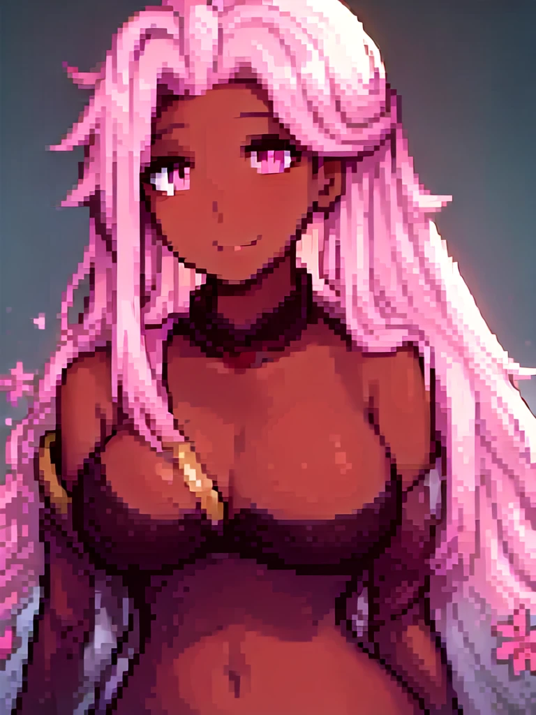 ((spiked hair)), ((long hair)), ((curvy body)), ((light pink hair)), ((pink eyes)), ((cheerful expression)), (shinobi clothing)), ((dark skin)), ((flowers)), ((complementary colors)), ((mature female)), 1girl, beautifully drawn, high resolution illustration, best quality, High definition, ((detailed anime sketch)), Masterpiece, (solo), absurdres, portrait, ((upper body)), detailed background, fine detail, female focus, HDR,