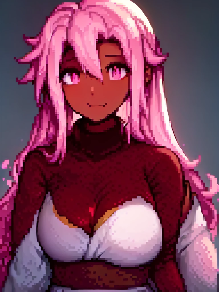 ((spiked hair)), ((long hair)), ((curvy body)), ((light pink hair)), ((pink eyes)), ((cheerful expression)), (shinobi clothing)), ((dark skin)), ((flowers)), ((complementary colors)), ((mature female)), 1girl, beautifully drawn, high resolution illustration, best quality, High definition, ((detailed anime sketch)), Masterpiece, (solo), absurdres, portrait, ((upper body)), detailed background, fine detail, female focus, HDR,