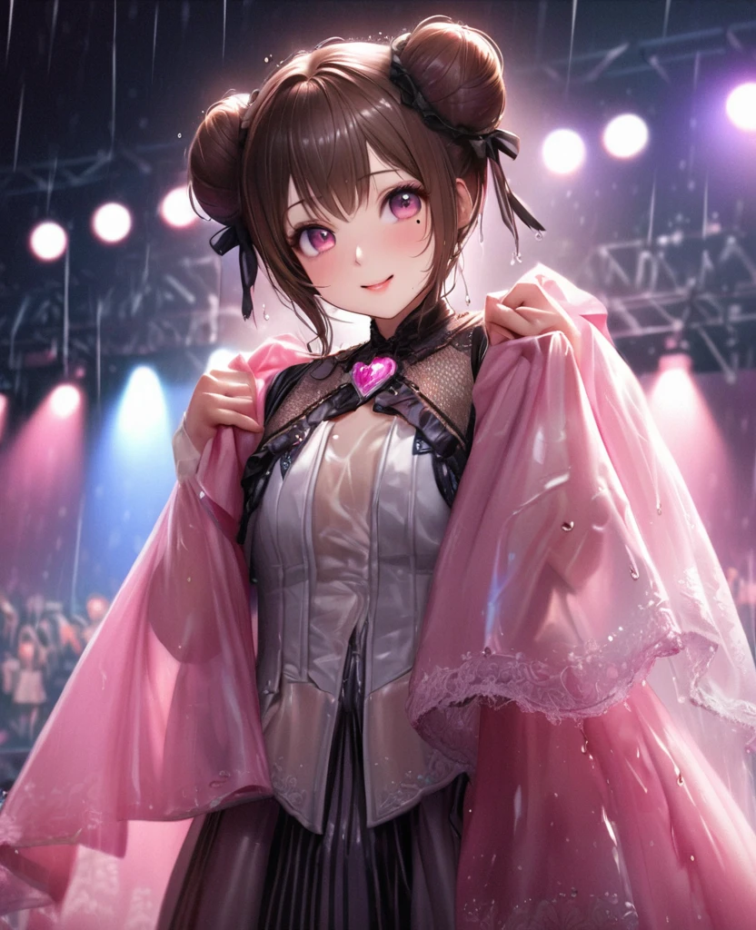 One Girl、Looking at the audience、lovely,
Beautiful pink eyes、Two brown double hair buns , Mole under the eye、Plump and glossy lips、Heart-shaped choca、Idol、Her name is May,smile、ー、。.。.。.。.。.。.。.。.。.。.。.。.。.。.。.。.。.。.3D、Realistic、
The idol's costume was soaked in the heavy rain, and her chest was wet and transparent.Heavy rain at outdoor concert, Drape clothes、gem、The decoration has been removed、Floral、Lace trim,On a glittering stage、
masterpiece、highest quality、8k、Detailed skin texture、Detailed cloth texture、Beautifully detailed face、Intricate details、Very detailed、
超A high resolution、8k Ultra HD、Film Grain、Best Shadow、delicate、Gazing at the audience、front