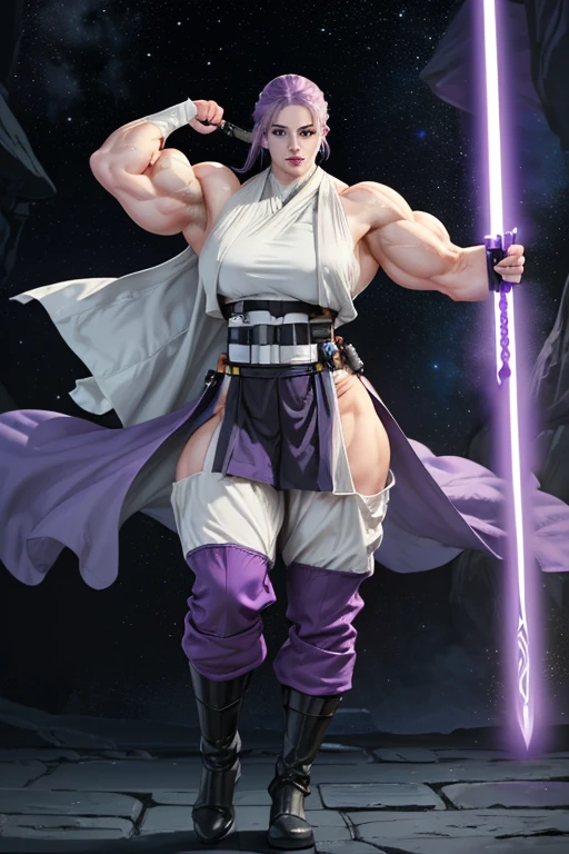 (((Massive, tall, beautiful, buff, muscular pale white skinned female Jedi with violet purple hair, black lipstick, ginormous bulky muscles, holding a lightsaber and wearing an all violet Jedi outfit and Jedi pants))), (close view), black eyeliner, massive muscles, massive biceps, hyper muscle triceps, (long hair with long bangs), black eyes, Jedi boots, In space, Jedi outfit, Jedi pants, nighttime, confident smile, hyper muscles arms, hyper muscle legs, (ginormous arms)