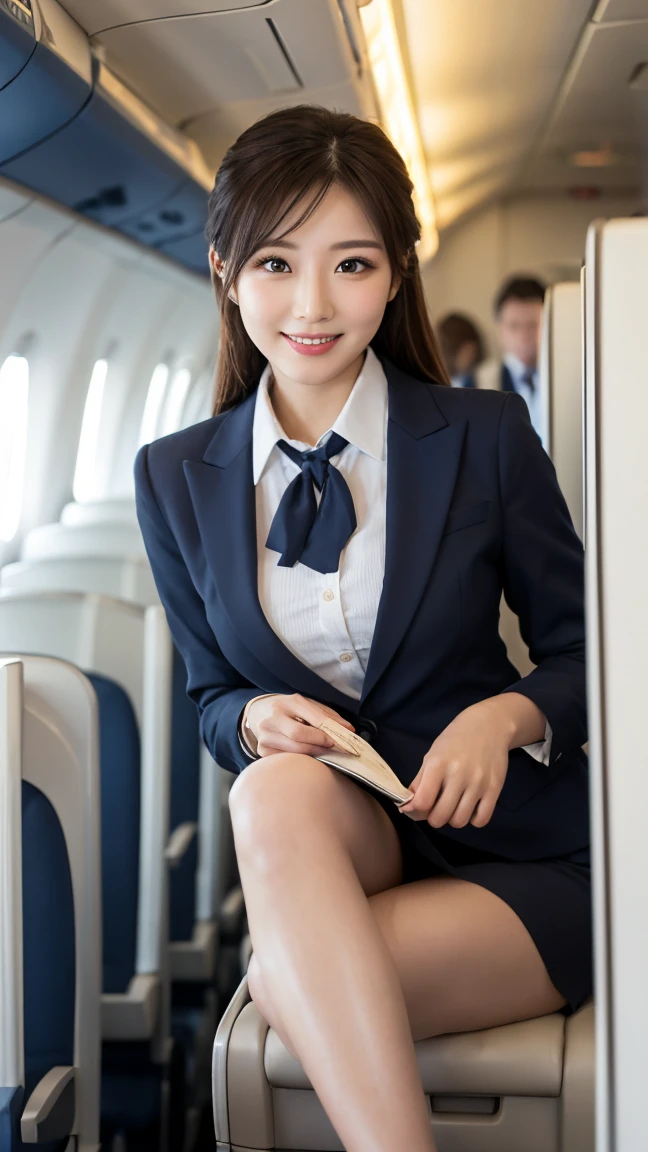 highest quality、table top、8k、best image quality、Award-winning work)、one beautiful woman、radiant beautiful skin , masterpiece、top-quality、The ultra -The high-definition、depth of fields、lens flare 1 girl、、brown hair、watching at viewers glares, large breasts , ivory stewardess uniform, ivory stewardess blazer, ivory short skirt, high heels, perfect legs, model pose , smiling , flight cabin