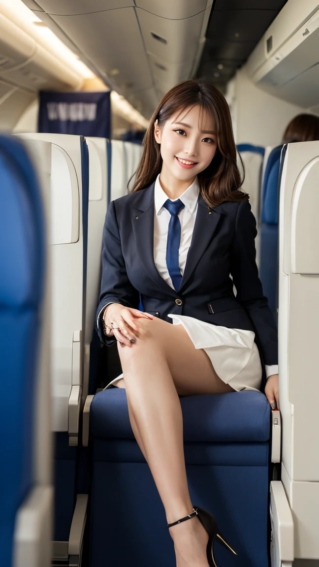 ​highest quality、table top、8k、best image quality、Award-winning work)、one beautiful woman、radiant beautiful skin , masterpiece、top-quality、The ultra -The high-definition、depth of fields、lens flare 1 girl、、brown hair、watching at  viewers glares, large  breasts , ivory stewardess uniform, ivory stewardess blazer,   ivory short skirt, high heels, perfect legs, model pose , smiling , flight cabin 