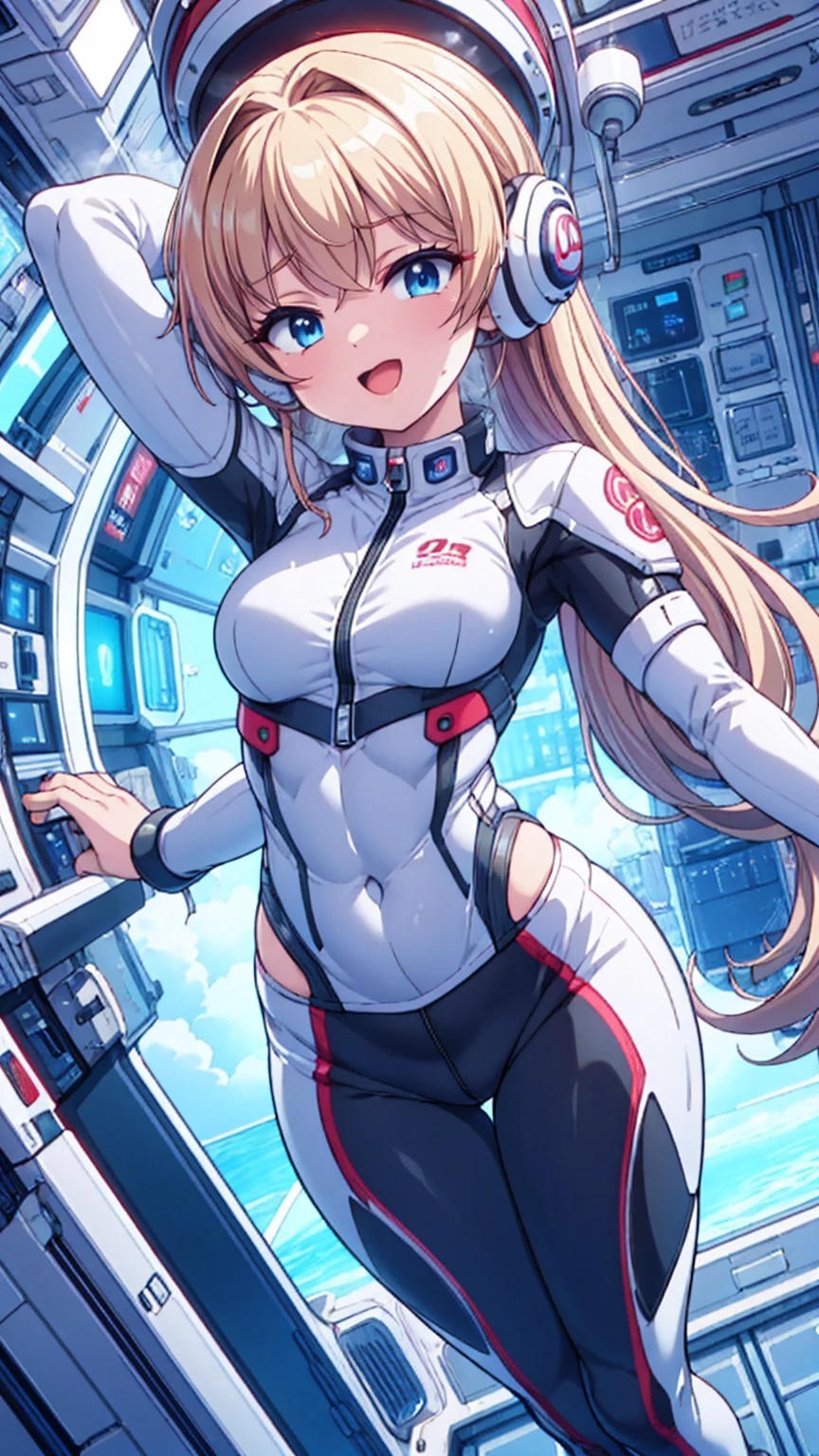 top-quality,Top image quality,in 8K,4K,masterpiece,ultra-detailliert,Beautiful,ultra-quality, best quality,high resolution, ultra-detailed,game cg,dutch angle,(acrobatic pose):5,jumping:5,(inside spacestation,)beautiful detailed eyes,five fingers,headphone,nsfw,a beauty girl,(astrovest):5,(track uniforms),wet,(steam:1.5),Running form,open open mouth,(blonde hair),(long hair):2,Navel,space_station_interior, exercise_room, futuristic, high_technology, zero_gravity_exercise_equipment, high_resolution_landscape, sleek_design, minimalistic, 8K_resolution, game_cg_style, Dutch_angle, detailed_character, track_uniform, perfect_running_form, intense_expression, detailed_eyes, determination, steam:1.5, beauty, strength, five_fingers, visible_navel, open_mouth, ultra_quality, high_resolution, ultra_detailed,astrovest