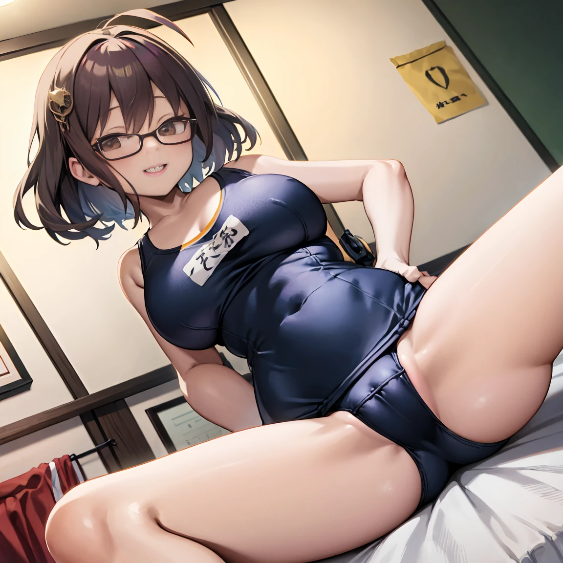 8k、masterpiece、Japanese、Woman wearing glasses、anise、from the front、smile、Childish、Big Breasts、Transparent school swimsuit、night、Bedroom、Spread your legs and show