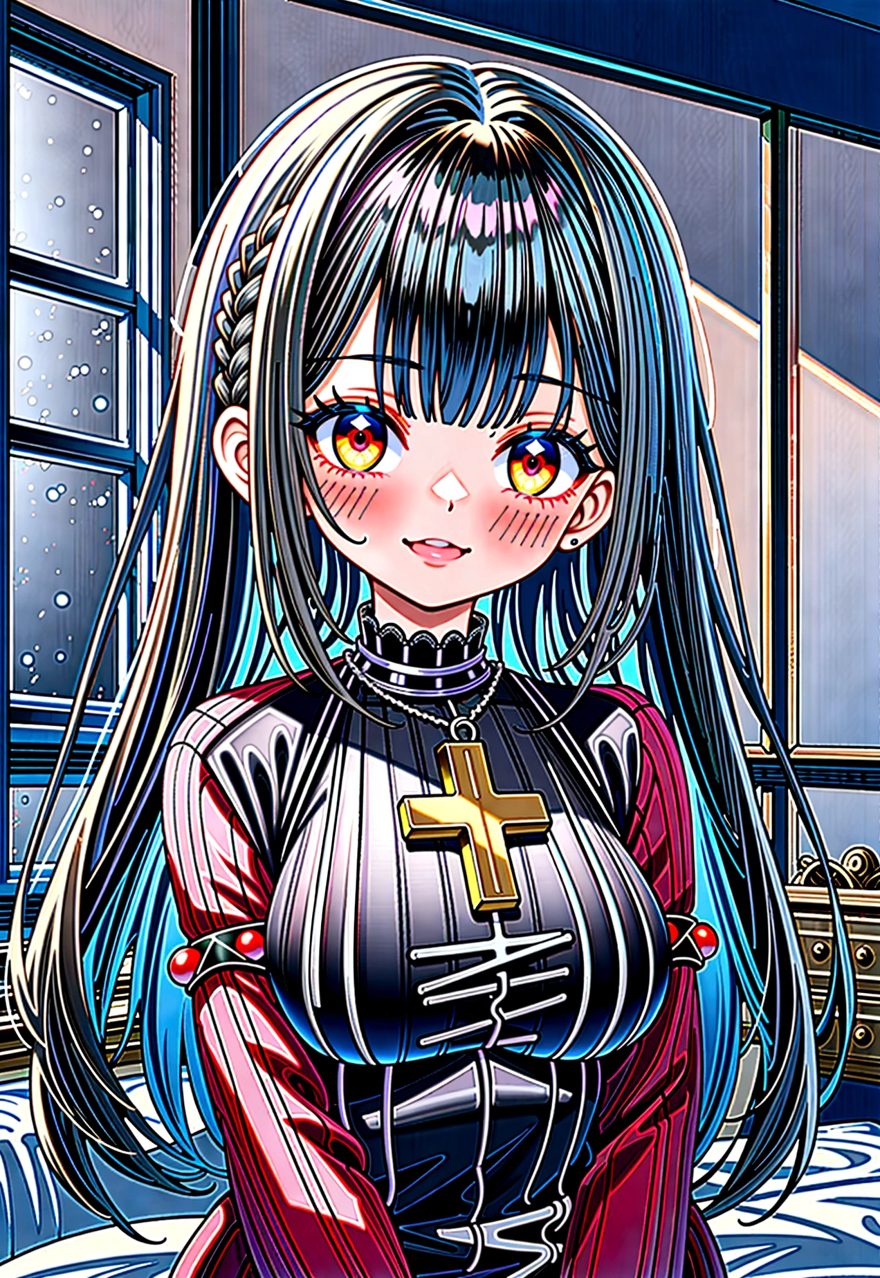 Masterpiece, best quality, high resolution, smiling, looking at viewer, 1 girl, solo, long hair, (black hair, bangs:1.1), red eyes, big breasts, (sweater sleeves:1.1), (cross pasties:1.3), (lace panties:1.1), indoor, windows, bedroom background, upper body, Light