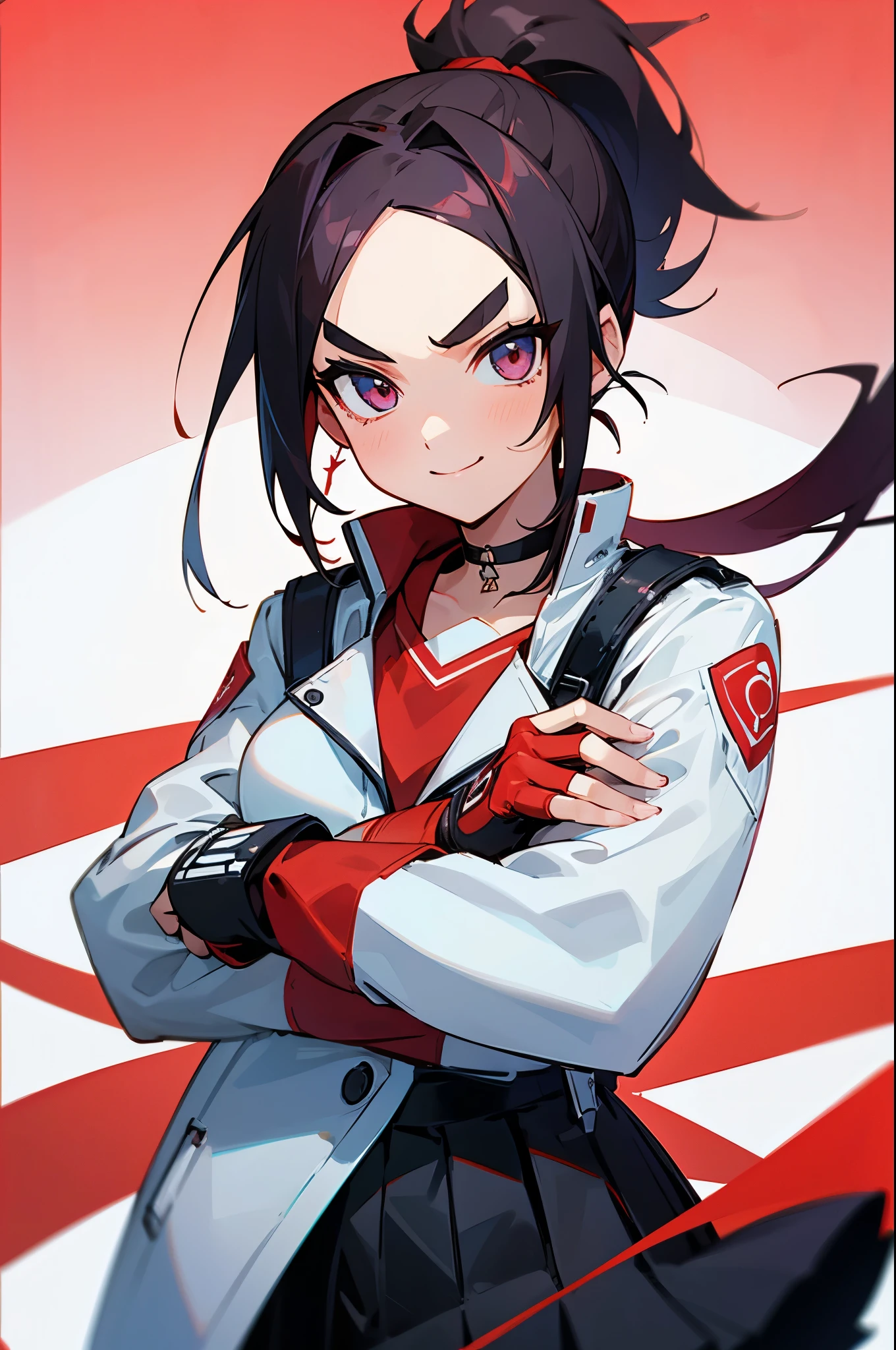 (best quality:1.2),solo,1girl,mdrin,smile,looking at viewer,crossed arms,ponytail,v-shaped eyebrows,white jacket,red shirt,fingerless gloves,black skirt,choker
