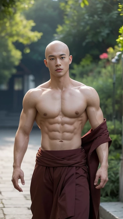 youthful korean kpop muscular monk, handsome, detailed bald head, tow-headed, shirtless :: without robe, Buddhism, serene, a detailed Dark Brown robe, Full Body Shoot, walking pose :: manly, look at camera, (eyes contact), manliness posture, manly deportment, virtuous, masculinity, manliness, ultra detailed facial parts, ultra detailed neck, Manly, ultra detailed  temple background, sexy expression, professional photograph, soft focus, (8k, RAW photo, best quality, masterpiece:1.2), ultra detailed, ultra high res, perfect anatomy, extremely detailed body parts, very symmetric body, asian, 18 years old, shirtless :: high detail, detailed face, detailed eyes, proportional eyes, ultra detailed mouth, Leaky abs :: ultra detailed, thin, narrow waist, realistic, human skin, extremely detailed fingers, handsome chad chin, shirtless, masculine, human skin, handsome, Attractive, high detail RAW color photo, depth of field, photograph from front, perfect composition, ultra detailed hands, ultra detailed fingers,  lifted arms, naked body, ultra detailed big erection dick, open legs.