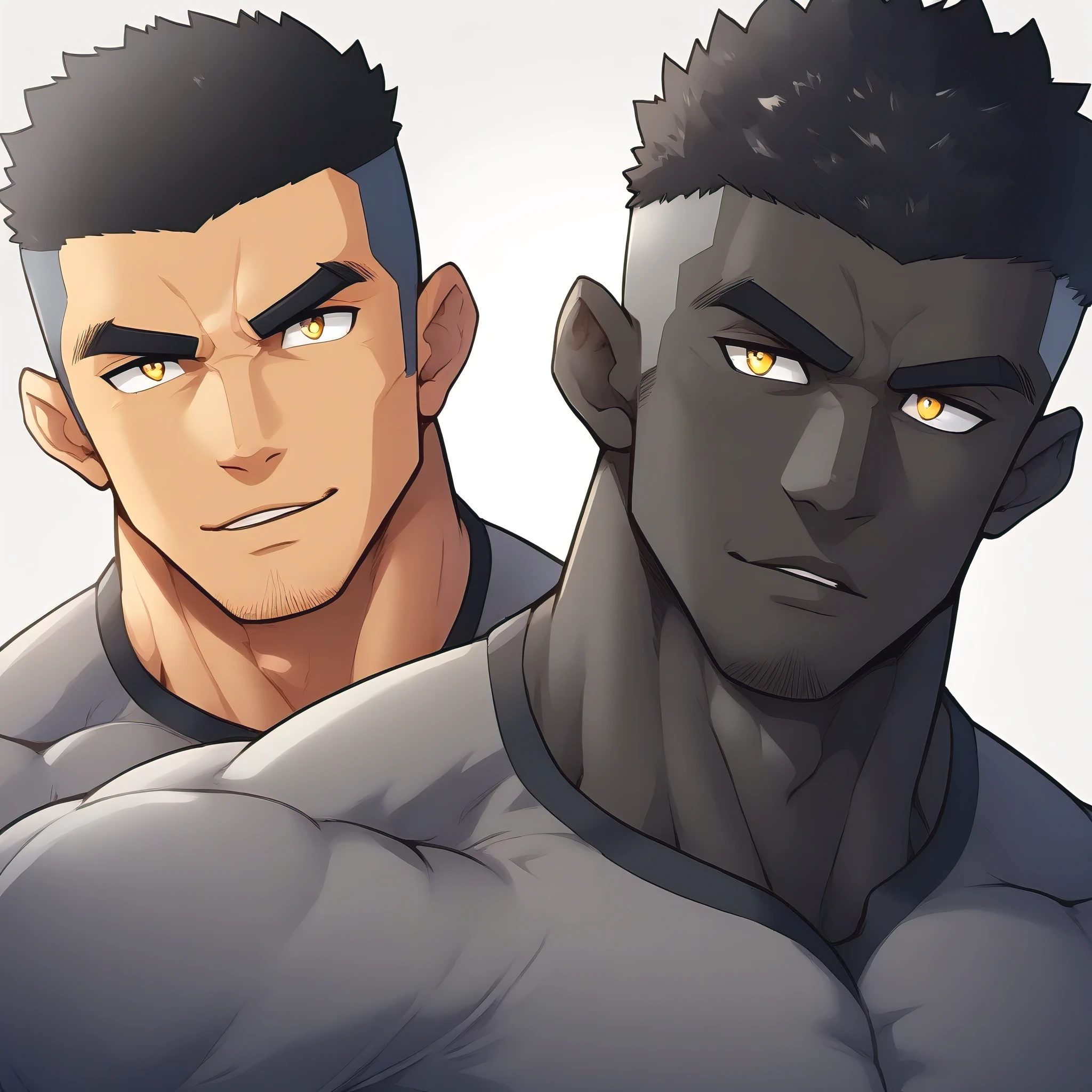 one negro, anime characters:Gyee, Muscle Sports Student, negro black skin, Very Black, 1 muscular tough guy, Manliness, male focus, Dark grey ong sleeve tights, Regular symmetrical pattern, Very tight, The pectoral muscles are oversized, muscular male, muscular, only, Upper body, alone, Black short hair, Thick eyebrows, stubble, Yellow eyes, White background, simple background, amazing quality, best aesthetics, Ridiculous, bright pupils, crew cut, parted lips, seductive smile, torogao, naughty face, best quality