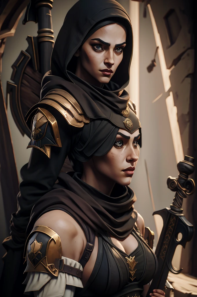 A woman in a black outfit with a sword and a hoodie (masterpiece), best quality, expressive eyes, perfect face, detailed eyes, dark fantasy,, Egyptian warrior, cleavage, black and gold outfit, massive snoopy breast, badass woman, sensual , 