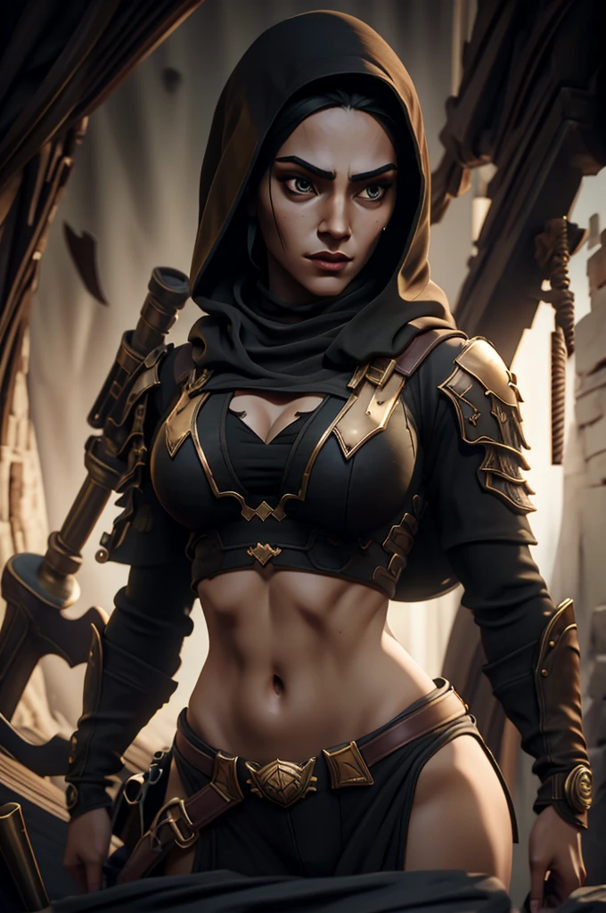 A woman in a black outfit with a sword and a hoodie (masterpiece), best quality, expressive eyes, perfect face, detailed eyes, dark fantasy,, Egyptian warrior, cleavage, black and gold outfit, massive snoopy breast, badass woman, sensual , 