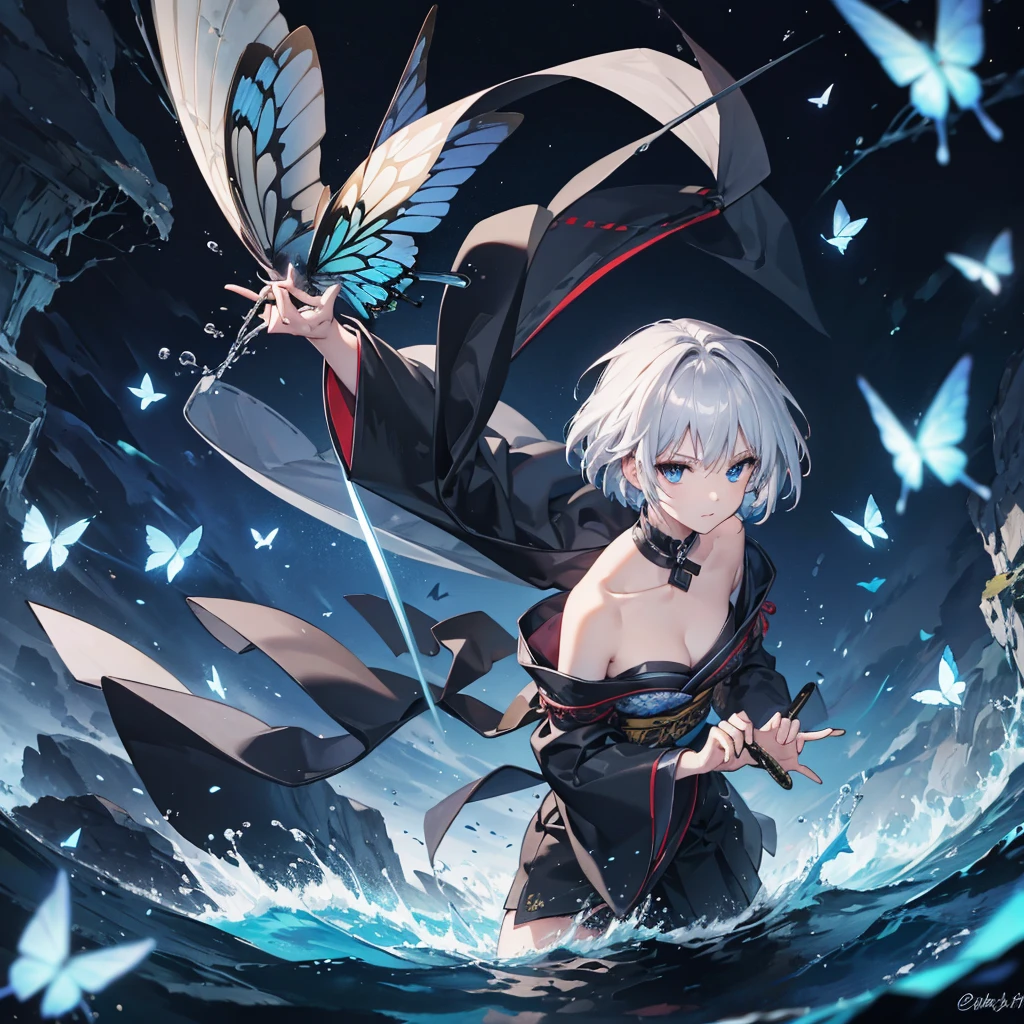 ((High resolution　Gray Hair　short hair　Black kimono　Black Band　military commander　Lonely　despair　blue eyes))　((Yellow butterfly　night　Japanese style　shoulder　old　Shining Aura　garden　water surface))　(dance　Blade of Darkness　Holding a sword　Slashing)　moon　star　Draw your sword　Slashing　Catch the wind　