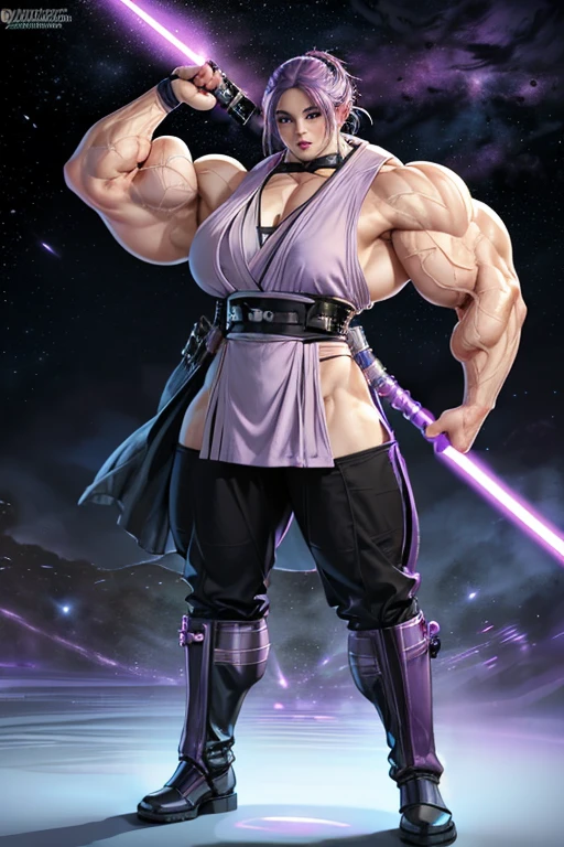 (((Massive, tall, beautiful, buff, muscular pale white skinned female Jedi with violet purple hair, black lipstick, ginormous bulky muscles, holding a lightsaber and wearing an all violet Jedi outfit and Jedi pants))), (close view), black eyeliner, massive muscles, massive biceps, hyper muscle triceps, (long hair with long bangs), black eyes, Jedi boots, In space, Jedi outfit, Jedi pants, nighttime, confident smile, hyper muscles arms, hyper muscle legs, (ginormous arms)