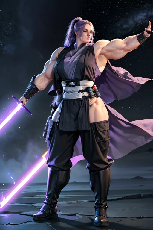 (((Massive, tall, beautiful, buff, muscular pale white skinned female Jedi with violet purple hair, black lipstick, ginormous bulky muscles, holding a lightsaber and wearing an all violet Jedi outfit and Jedi pants))), (close view), black eyeliner, massive muscles, massive biceps, hyper muscle triceps, (long hair with long bangs), black eyes, Jedi boots, In space, Jedi outfit, Jedi pants, nighttime, confident smile, hyper muscles arms, hyper muscle legs, (ginormous arms)