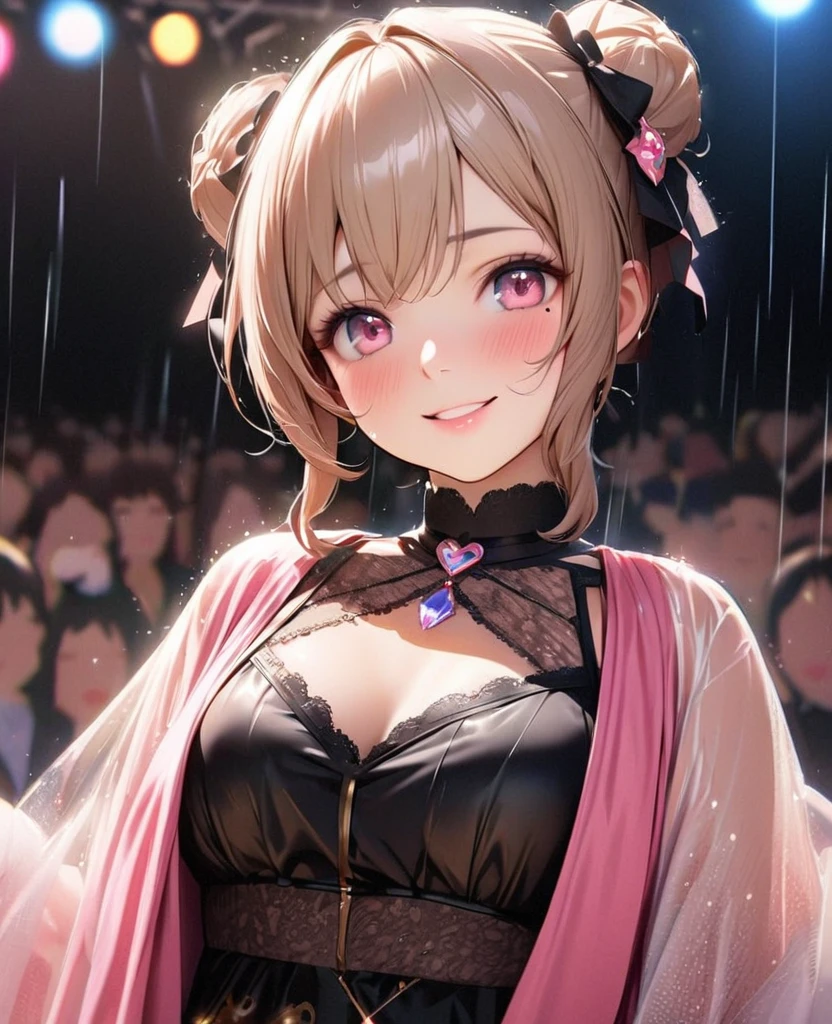 One Girl、Looking at the audience、lovely,
Beautiful pink eyes、Two brown double hair buns , Mole under the eye、Plump and glossy lips、Heart-shaped choca、Idol、Her name is May,smile、ー、。.。.。.。.。.。.。.。.。.。.。.。.。.。.。.。.。.。.3D、Realistic、
The idol's costume was soaked in the heavy rain, and her chest was wet and transparent.Heavy rain at outdoor concert, Drape clothes、gem、The decoration has been removed、Floral、Lace trim,On a glittering stage、
masterpiece、highest quality、8k、Detailed skin texture、Detailed cloth texture、Beautifully detailed face、Intricate details、Very detailed、
超A high resolution、8k Ultra HD、Film Grain、Best Shadow、delicate、Gazing at the audience、front
