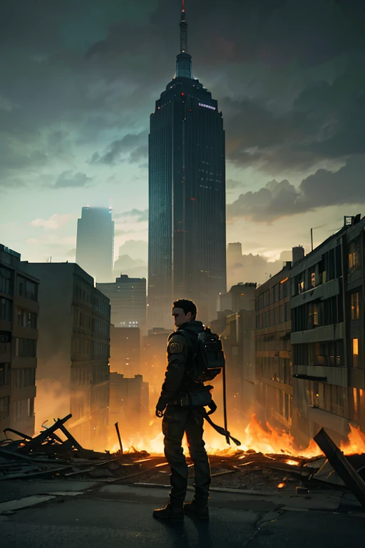 a man, 25 years old, black hair, hazel eyes, 6'1" height, rugged, muscular, standing on a rooftop, city in ruins behind him, smoke and fire emitting from the buildings, (best quality,4k,8k,highres,masterpiece:1.2),ultra-detailed,(realistic,photorealistic,photo-realistic:1.37),hyperrealistic, dramatic lighting, cinematic, moody atmosphere, dystopian, apocalyptic