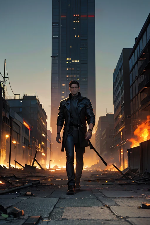 Tom Cruise, Sunglasses, Jeans, 1 Belt, Holster, Rivets, Long Black Cover, Just One Body, Big Gun in Hands, In Ruins, Explosions Behind, Fire Behind, Front View