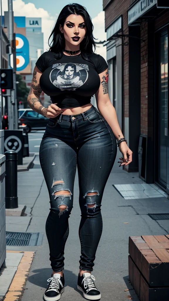 white rocker girl, black hair, rocker,black t-shirt, jeans and shoes, super sexy, piercings and tattoo on her body. Big ass, Most beautiful woman in the world. Darker. Black lipstick. Busty. Comic style