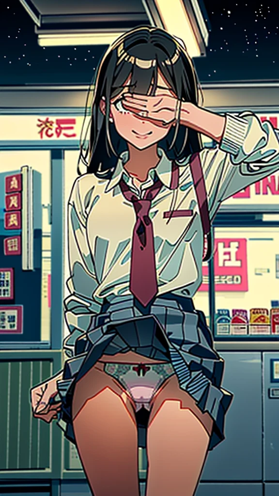 (8k, RAW Photos, 最high quality, masterpiece:1.2), high qualityのRAWカラー写真, Professional photo shoot, Cinematic Light, alone, (((young woman, Gal))), (Sharp features), (Small face), (Skin with attention to detail:1.2), clavicle, Cute face, Beautiful appearance, Long eyelashes,Girl Turning Around, smile, (Black Hair, Long straight line), high school student, Red tie, High 、White shirt, Check skirt, Night Park, Confident attitude, Capture the happy moment, Artistic painting,Attractive thighs, loose socks:1.2, sneakers:1.2, (A very fine touch:1.2), (はにかんだsmile), Peaceful atmosphere, Oil painting style, Dark colors, (Are standing:1.5, Inside a convenience store, Full body portrait), Smooth texture, Gazing Eyes, Beautiful Skin, Shiny skin, ((Perfect Fingers, Five Fingers, Anatomically correct)), Background Blur, high quality, Surreal, ((Very detailed, photo shoot)),(Skirt 、I can see her pant((Skirt flip、Sexy pes arn sig large number of people、blush、plump、night、深night、Hide your eyes with one hand