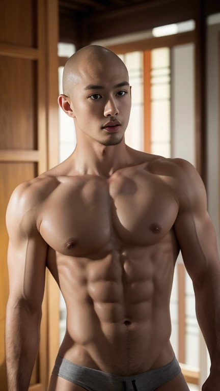 youthful korean kpop muscular monk, handsome, detailed bald head, tow-headed, shirtless :: without robe, Buddhism, serene, a detailed Dark Brown robe, Full Body Shoot, walking pose :: manly, look at camera, (eyes contact), manliness posture, manly deportment, virtuous, masculinity, manliness, ultra detailed facial parts, ultra detailed neck, Manly, ultra detailed  temple background, sexy expression, professional photograph, soft focus, (8k, RAW photo, best quality, masterpiece:1.2), ultra detailed, ultra high res, perfect anatomy, extremely detailed body parts, very symmetric body, asian, 18 years old, shirtless :: high detail, detailed face, detailed eyes, proportional eyes, ultra detailed mouth, Leaky abs :: ultra detailed, thin, narrow waist, realistic, human skin, extremely detailed fingers, handsome chad chin, shirtless, masculine, human skin, handsome, Attractive, high detail RAW color photo, depth of field, photograph from front, perfect composition, ultra detailed hands, ultra detailed fingers,  lifted arms, naked body, ultra detailed big erection dick, open legs, pubes