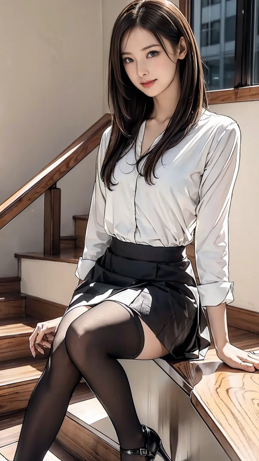 ((masterpiece)),(((Highest quality))),((Character design sheet)),Thin thighs,Long legs,Wearing black tights:1.5，The best smile:1.5，Full Body Shot:1.5，A Japanese woman in a black suit and white shirt is posing on the stairs, Wearing a tight miniskirt、 Wearing a business jacket,  (Semi-long hair:1.3), (Light brown hair:1.3), Wearing high heels、
