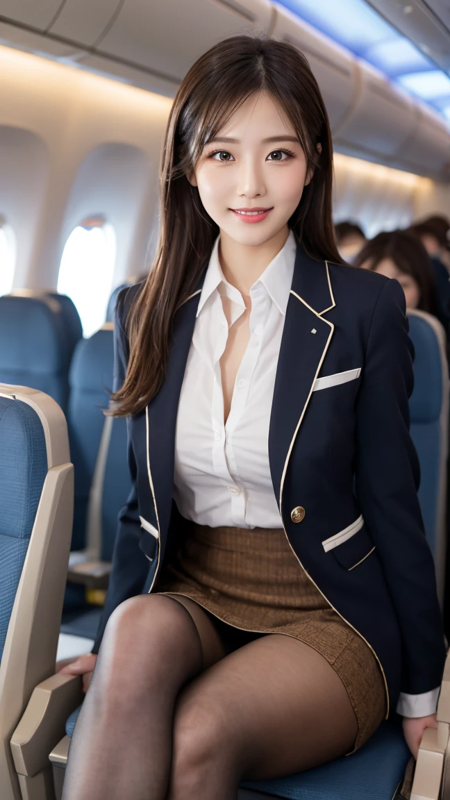 highest quality、table top、8k、best image quality、Award-winning work)、one beautiful woman、radiant beautiful skin , masterpiece、top-quality、The ultra -The high-definition、depth of fields、lens flare 1 girl、、brown hair、watching at viewers glares, F cup breasts stewardess uniform, stewardess blazer, short skirt, ysl high heels, perfect legs, model pose , smiling , flight cabin , pantyhose