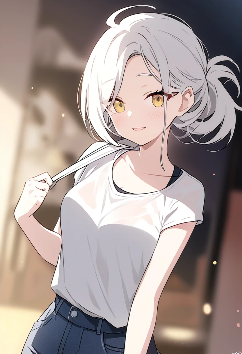 Chica de cabello blanco, con ropa y semi armadura