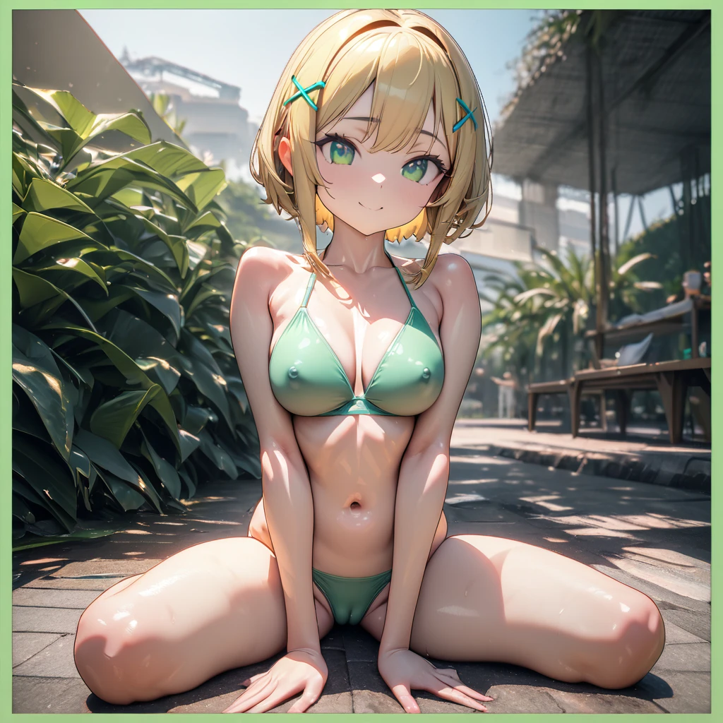 (finely detail:1.4), 1girl, cute face, (short stature), (slender), narrow waist, yellow blonde hair, short hair,  short hair with short locks, side locks, X hairpin, (green  eyes),  wariza, medium breasts, (green border bikini) ,  cameltoe,  covered erectile nipples,  (8K, ultra high res, masterpiece, best quality:1.3)(sunny place outdoors:1.4),  