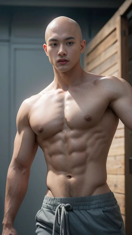 youthful korean kpop muscular monk, handsome, detailed bald head, tow-headed, shirtless :: without robe, Buddhism, serene, a detailed Dark Brown robe, Full Body Shoot, walking pose :: manly, look at camera, (eyes contact), manliness posture, manly deportment, virtuous, masculinity, manliness, ultra detailed facial parts, ultra detailed neck, Manly, ultra detailed temple background, sexy expression, professional photograph, soft focus, (8k, RAW photo, best quality, masterpiece:1.2), ultra detailed, ultra high res, perfect anatomy, extremely detailed body parts, very symmetric body, asian, 18 years old, shirtless :: high detail, detailed face, detailed eyes, proportional eyes, ultra detailed mouth, Leaky abs :: ultra detailed, thin, narrow waist, realistic, human skin, extremely detailed fingers, handsome chad chin, shirtless, masculine, human skin, handsome, Attractive, high detail RAW color photo, depth of field, photograph from front, perfect composition, ultra detailed hands, ultra detailed fingers, lifted arms, naked body, ultra detailed big erection dick, open legs, pubes,