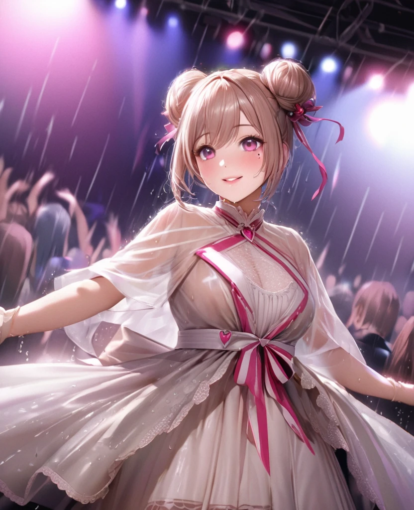 One Girl、Looking at the audience、lovely,
Beautiful pink eyes、Two brown double hair buns , Mole under the eye、Plump and glossy lips、Heart-shaped choca、Idol、Her name is May,smile、ー、。.。.。.。.。.。.。.。.。.。.。.。.。.。.。.。.。.。.3D、Realistic、
The idol's costume was soaked in the heavy rain, and her chest was wet and transparent.Heavy rain at outdoor concert, Drape clothes、gem、The decoration has been removed、Floral、Lace trim,On a glittering stage、
masterpiece、highest quality、8k、Detailed skin texture、Detailed cloth texture、Beautifully detailed face、Intricate details、Very detailed、
超A high resolution、8k Ultra HD、Film Grain、Best Shadow、delicate、Gazing at the audience、front