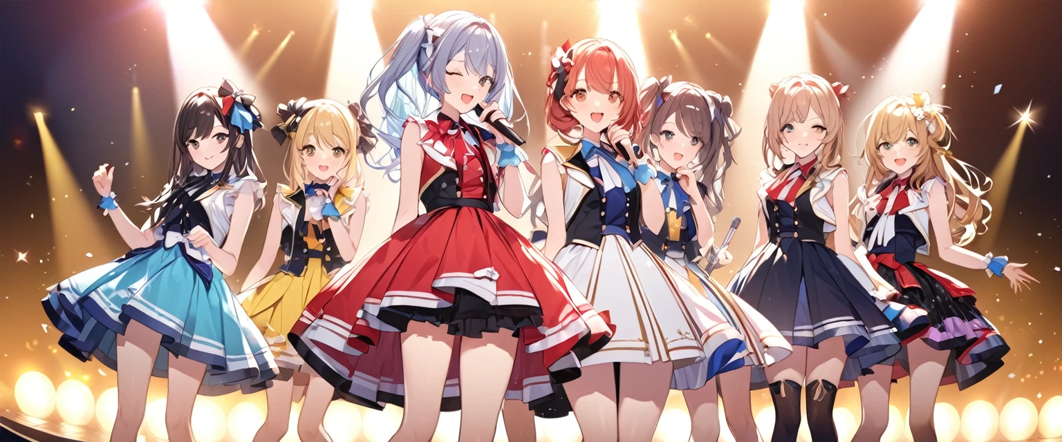 (Highest quality、Very detailed、Very detailed and beautiful、Ultra-high resolution) 、Close-up、A five-member idol group、5 girls、Random hair color、Random hairstyle、Live Stage、Glittering lighting、Sing and dance、Idol Costumes、cute、、Idol Master
