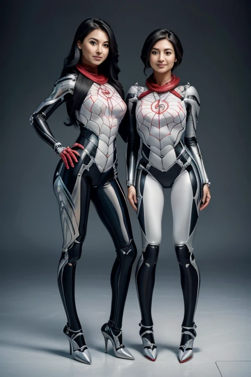 Mother and daughter transformed into robots　Only the face remains human　The whole body is mechanical and made of metal　Feet shaped like high heels　My daughter is a little short.　My mother is a bit middle-aged　Bodies feel almost similar to each other　stand side by side、Smile at the master　Full body like, nffsw, retinas, masutepiece, ccurate, Anatomically correct, high details, Best Quality, hight resolution