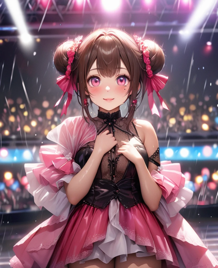 One Girl、Looking at the audience、lovely,
Beautiful pink eyes、Two brown double hair buns , Mole under the eye、Plump and glossy lips、Heart-shaped choca、Idol、Her name is May,smile、ー、。.。.。.。.。.。.。.。.。.。.。.。.。.。.。.。.。.。.3D、Realistic、
The idol's costume was soaked in the heavy rain, and her chest was wet and transparent.Heavy rain at outdoor concert, Drape clothes、gem、The decoration has been removed、Floral、Lace trim,On a glittering stage、
masterpiece、highest quality、8k、Detailed skin texture、Detailed cloth texture、Beautifully detailed face、Intricate details、Very detailed、
超A high resolution、8k Ultra HD、Film Grain、Best Shadow、delicate、Gazing at the audience、front