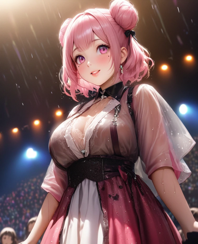 One Girl、Looking at the audience、lovely,
Beautiful pink eyes、Two brown double hair buns , Mole under the eye、Plump and glossy lips、Heart-shaped choca、Idol、Her name is May,smile、ー、。.。.。.。.。.。.。.。.。.。.。.。.。.。.。.。.。.。.3D、Realistic、
The idol's costume was soaked in the heavy rain, and her chest was wet and transparent.Heavy rain at outdoor concert, Drape clothes、gem、The decoration has been removed、Floral、Lace trim,On a glittering stage、
masterpiece、highest quality、8k、Detailed skin texture、Detailed cloth texture、Beautifully detailed face、Intricate details、Very detailed、
超A high resolution、8k Ultra HD、Film Grain、Best Shadow、delicate、Gazing at the audience、front