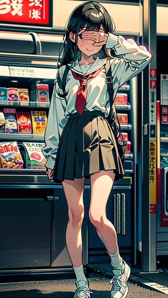 (8k, RAW Photos, 最high quality, masterpiece:1.2), high qualityのRAWカラー写真, Professional photo shoot, Cinematic Light, alone, (((young woman, Gal))), (Sharp features), (Small face), (Skin with attention to detail:1.2), clavicle, Cute face, Beautiful appearance, Long eyelashes,Girl Turning Around, smile, (Black Hair, Long straight line), high school student, Red tie, High 、White shirt, Short check skirt, Night Park, Confident attitude, Capture the happy moment, Artistic painting,Attractive thighs, loose socks:1.2, sneakers:1.2, (A very fine touch:1.2), (はにかんだsmile), Peaceful atmosphere, Oil painting style, Dark colors, (Are standing:1.5, Inside a convenience store, Full body portrait), Smooth texture, Gazing Eyes, Beautiful Skin, Shiny skin, ((Perfect Fingers, Five Fingers, Anatomically correct)), Background Blur, high quality, Surreal, ((Very detailed, photo shoot)),(Skirt flip、I can see her panties),,(((Skirt flip、Sexy panties are in sight)))、A large number of people、blush、plump、night、深night、Hide your eyes with one hand