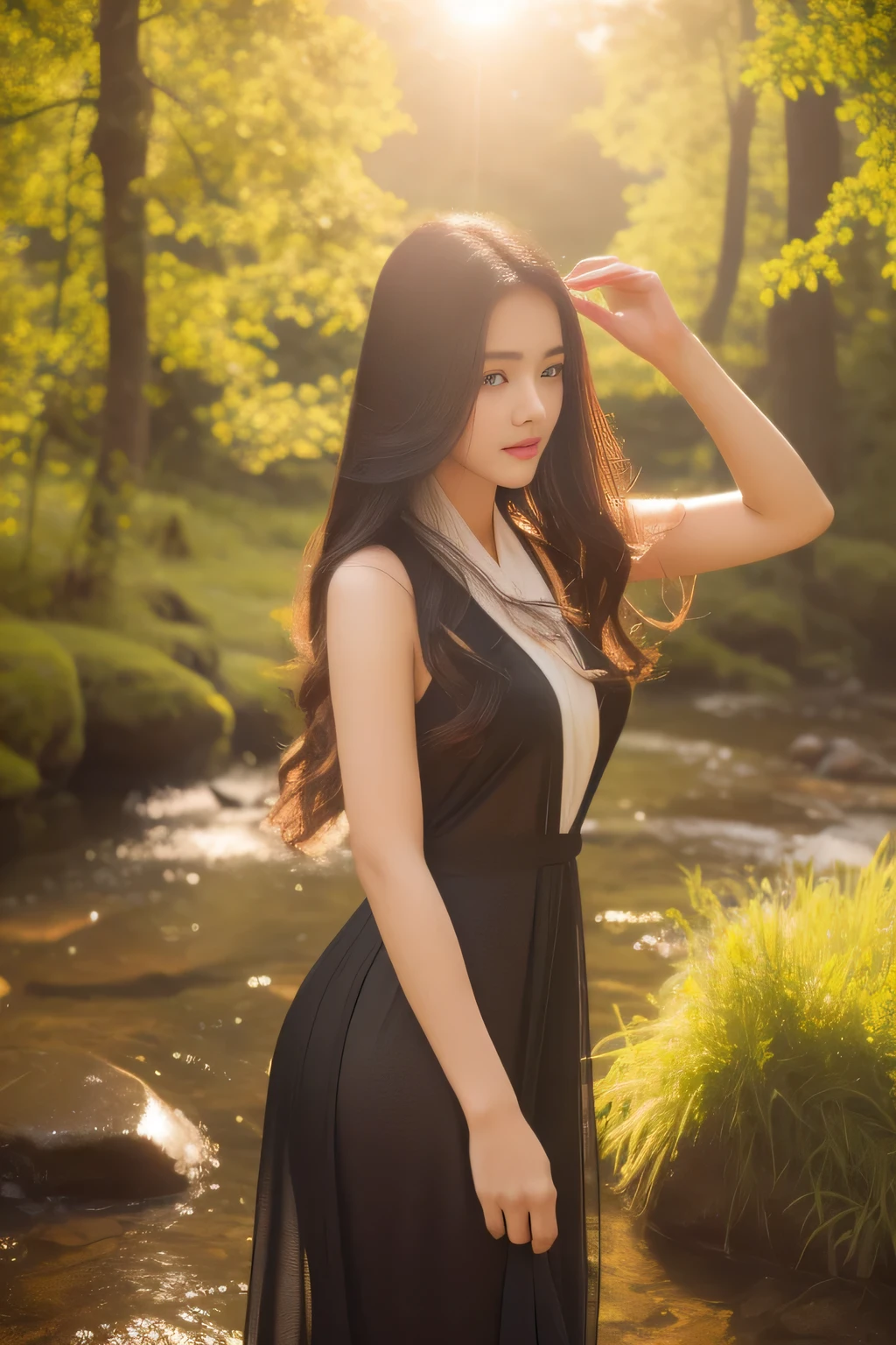 (masterpiece、high resolution、high quality)、(Mysterious sight:1.5、Hymn to Nature:1.4、natural mountain of wood,Mountain stream)、woman、model、Beauty、perfection、sad、Black hair swaying in the wind、transparent silk garment、sun、Virgin Legend、