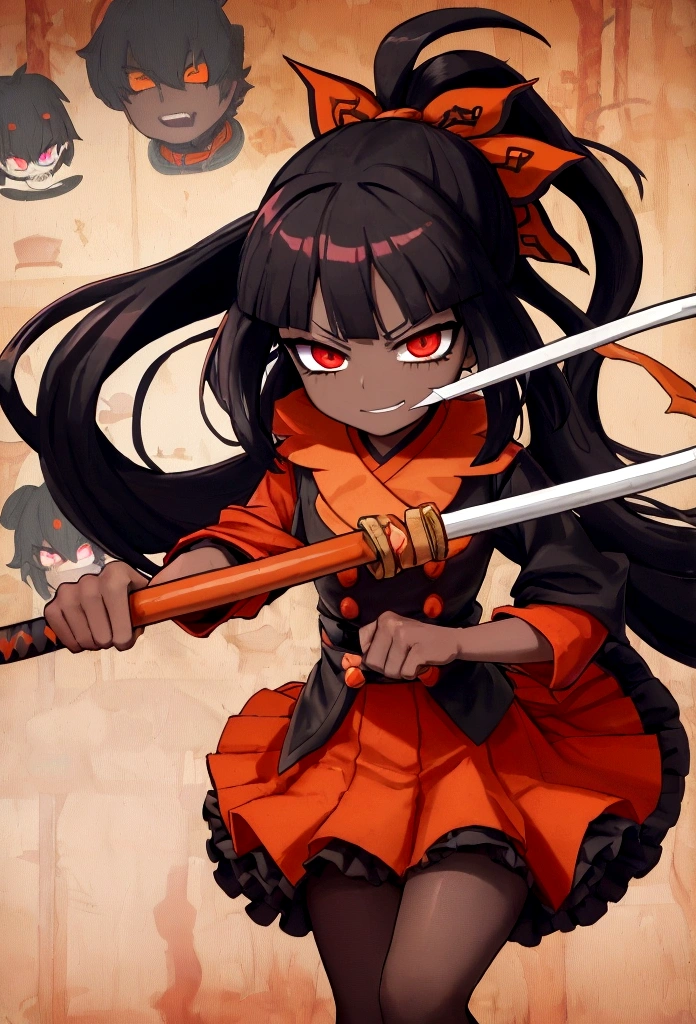 screenshot kimetsu no yaiba demon Slayer dark-skinned adult woman with very long black hair with a ponytail and an orange bow, brown uniform with a skirt with orange tights wearing an orange, red and white robe holding a red and orange katana, orange and red eyes