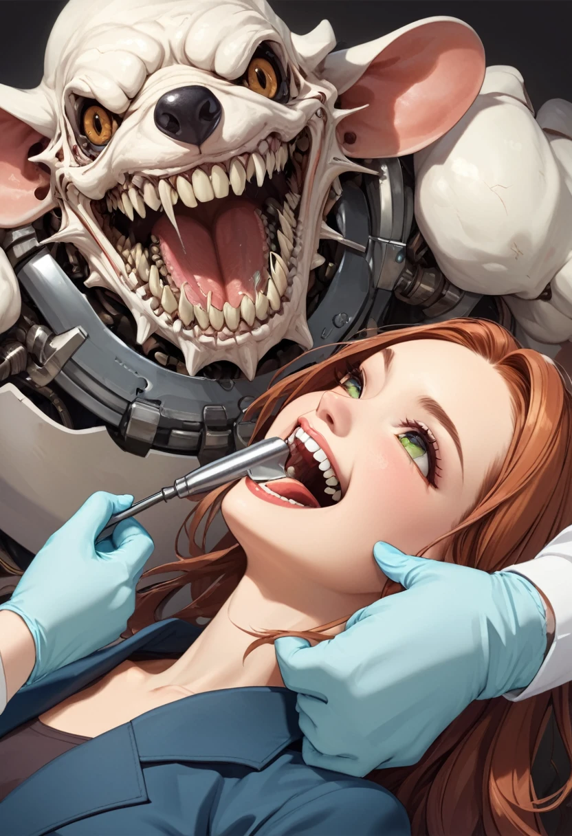 arafed woman getting her teeth checked by a dentist, dentist, Omnivorous lamellar teeth, Biomechanical open chewing mouth, Highly detailed back mouse, Underbite, Hinged jaw, Hole in the lower jaw, slightly set back jaw, Smaller mouth, Big black smile, A big smile, Biting your lip, Large metal jaws, Uniform teeth, An unpleasant crooked smile