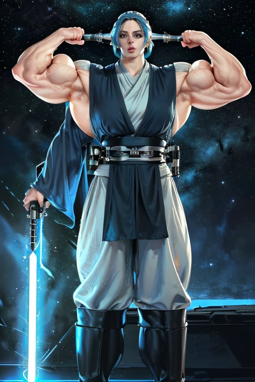 (((Massive, tall, beautiful, buff, muscular pale white skinned female Jedi with royal blue hair, black lipstick, ginormous bulky muscles, holding a lightsaber and wearing an all royal blue Jedi outfit and Jedi pants))), (((close view))), black eyeliner, massive muscles, massive biceps, hyper muscle triceps, (long curly wavy hair), white eyes, Jedi boots, In space, Jedi outfit, Jedi pants, nighttime, confident smile, hyper muscles arms, hyper muscle legs, (ginormous arms)