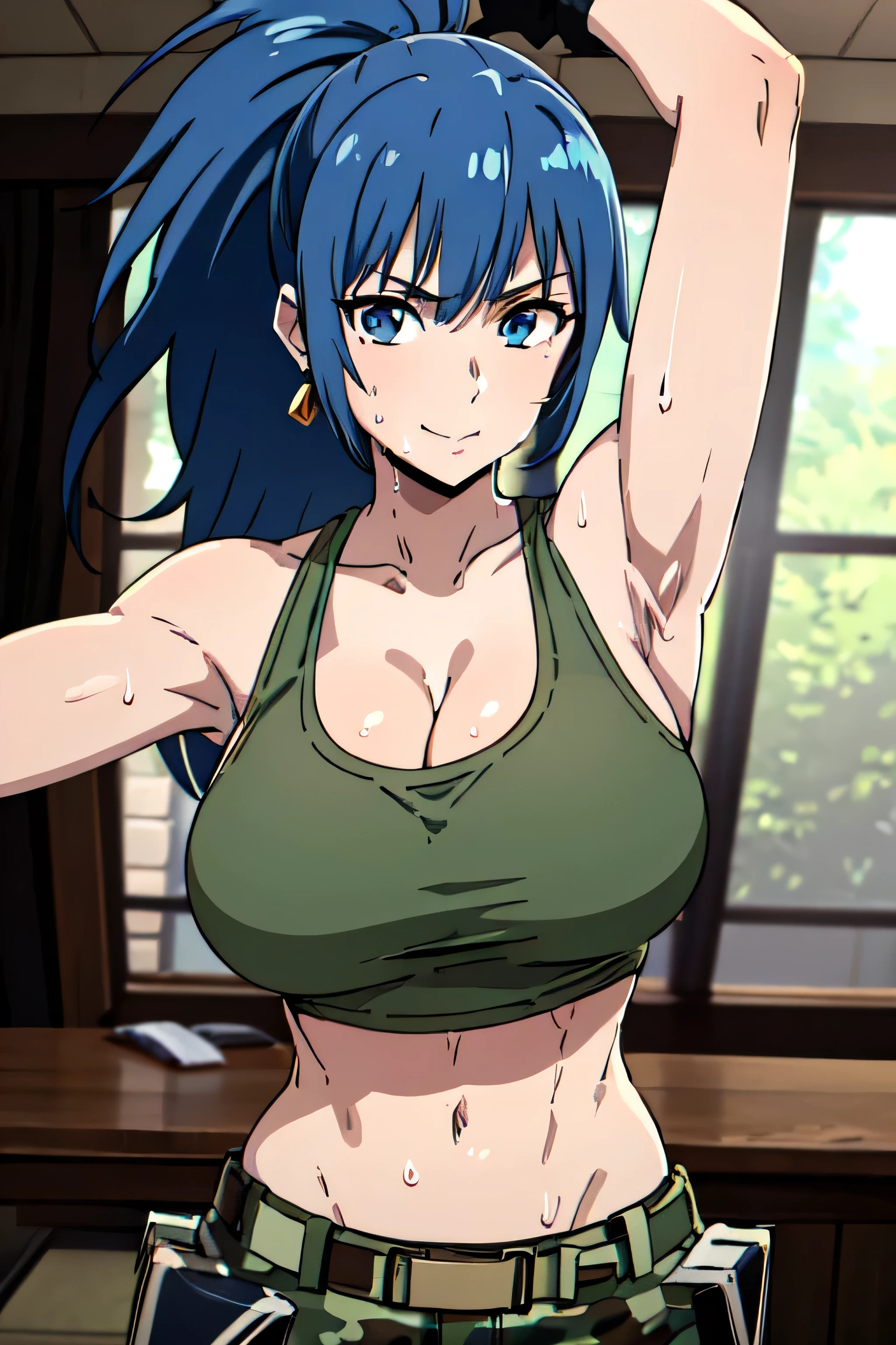 LEONA HEIDERN, BLUE EYES, BLUE HAIR, PONYTAIL, TANK TOP, CAMOUFLAGE PANTS, JEWELRY, CLEAVAGE, CAMOUFLAGE, BARE SHOULDERS, LARGE BREASTS, CROP TOP, POUCH, BANGS, BELT, EARRINGS, SLEEVELESS, MIDRIFF, LONG HAIR, TRIANGLE EARRINGS, BLACK GLOVES, 1girl, solo, upper body, facing viewer, (looking at viewer:1.5), in the center, smile
,armpits,armpit,sweat,sweaty,sweaty armpits,awesome armpits,tired,exhausted,sensual expression