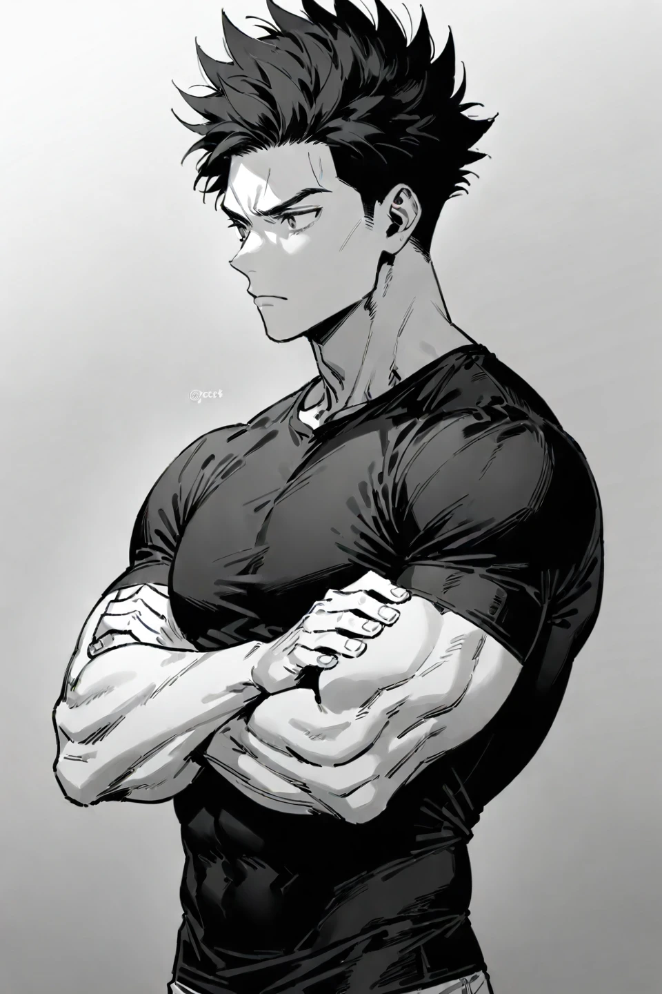 1boy, male focus, solo, crossed arms, shirt, monochrome, upper body, twitter username, muscular, short hair, spiked hair, closed mouth, tight shirt, gojou satoru, short sleeves, muscular male, t shirt, greyscale, looking away --style 1 --preset 3, ((medium quality)), ((medium quality))