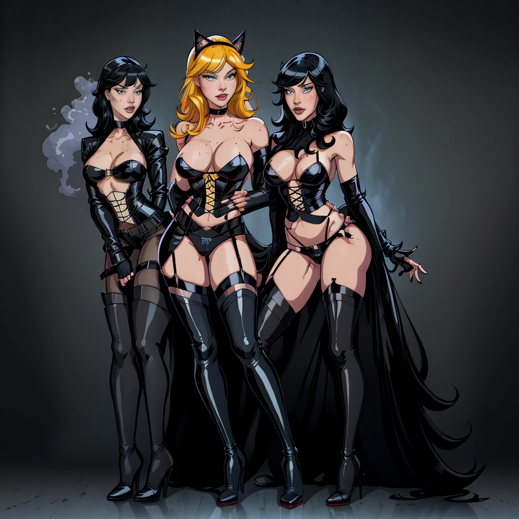Coloring book、Black and white only. Mainline only.Vector line.Simple.Plump, pursed lips, freckles, Long curly black and yellow hair with bangs, Crystal blue eyes with smoky eyeshadow and black eyeliner, Delicate fingertips,Black Bikini.Black thigh-high boots with stiletto heels.Black corset.Black Long Gloves.Black garter belt.Full body image of a woman.No background.Cat mask.Delicate pose