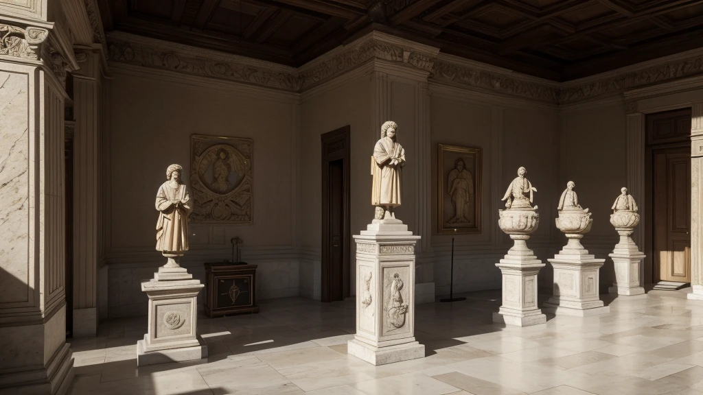Realisticstyle，room without windows，Dark green walls，(((Many plaster statues lean against the corner)))，(((Five plaster statues))),（There are a large number of plaster statues），Place back and forth，Layers，The perspective is correct，Patchwork，Look up slightly，Panoramic view，Photographic works，high detal